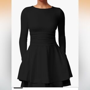 New sexy Elegant Black Long Sleeve crew neck Dress flawy hem mini cocktail